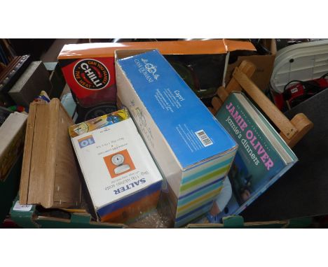 Box of kitchenalia inc scales, Jamie Oliver book 'Jamie's Dinners' etc