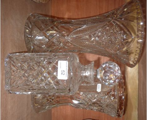 Cut glass decanter, large cut glass vase and 1 other