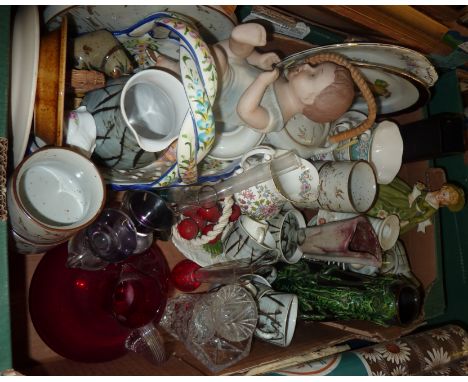 Box of misc ceramics inc modern oriental coffee set, bisque figurines, ruby glass jug with ribbed handle etc