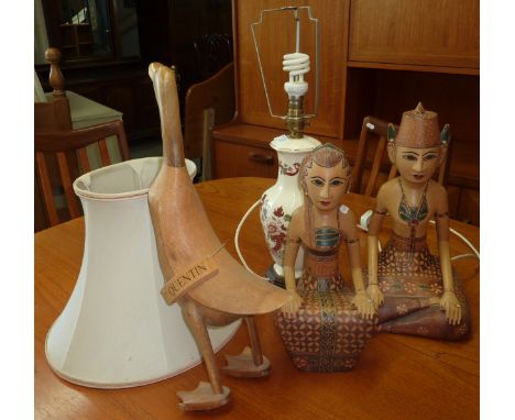 Ceramic table lamp, carved wood duck and 2 carved wood eastern figures