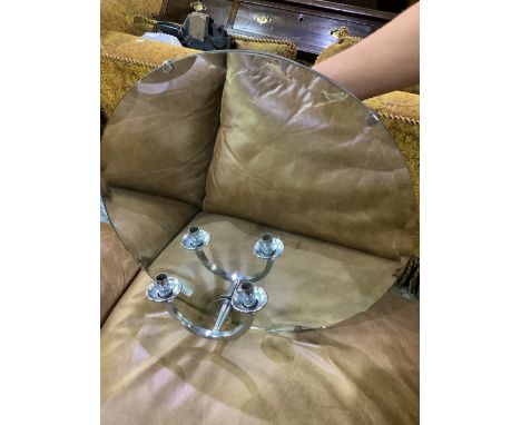 Art deco circular wall mirror with beveled edges and twin branch chrome light fitting D66cm 