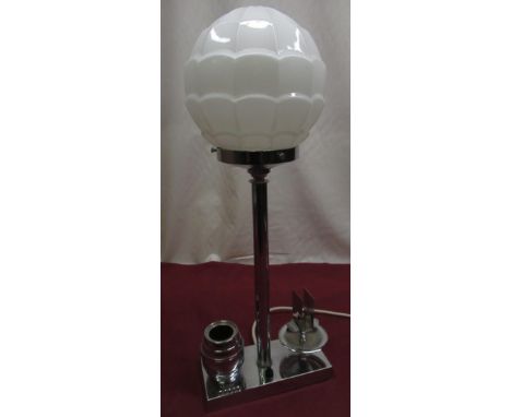 1930's chrome plated table lamp with opaline spherical glass globe and integrated smokers companion H55cm 