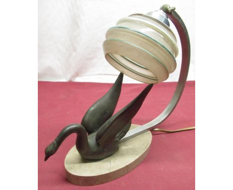 Jodie Kidd Collection - Art Deco table lamp with oval marble base with bronzed figure of a swan and chrome single branch with