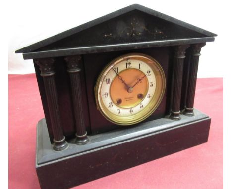 H. A. C late C19th slate mantel clock, architectural form with four corinthian columns retailed by Parson's at Bristol W31.5c