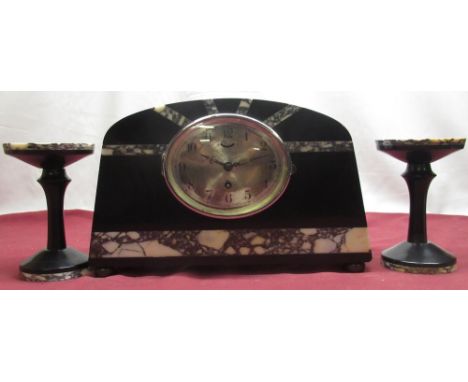 French 1930's Art Deco style black slate and variegated marble mantel clock garniture, comprising central clock and pair of v