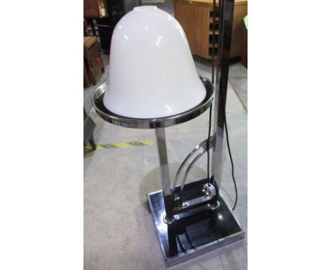 Art Deco chrome and ebonized floor lamp and table with opaque glass uplifter shade H165cm approx 