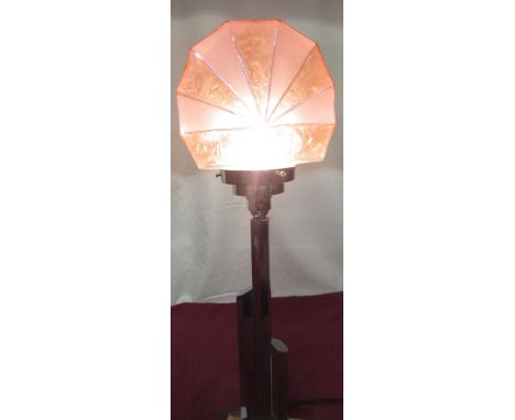 Art Deco chrome plated table lamp, three section hexagonal column with pink frosted glass shade H57cm 