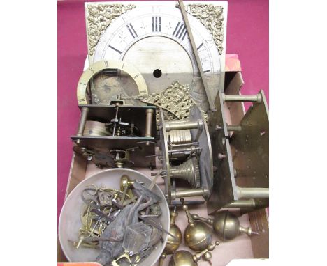 Early C19th 30 hour long case clock dial with applied silvered chapter ring and cast spandrels, set of C19th cast spandrels, 