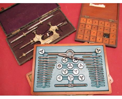 C S cased Jacot Tool, cased BA tap and die set and turn of the century mahogany box with divided interior containing watch ha