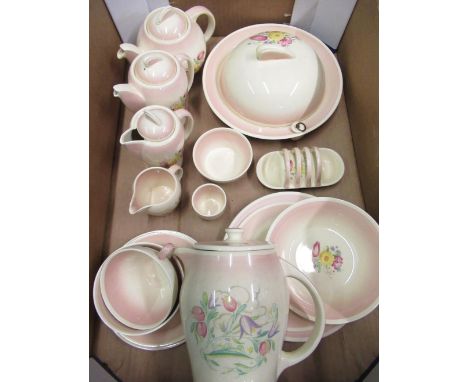 Suzy Cooper "Pink Swansea Spray" breakfast service comprising cups, saucers, hot water jug, heated serving plate with cover, 