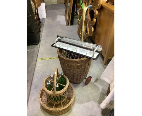 Mid C20th wicker shopping basket, drinks basket with various bottles and mid C20th kitchen tarback shelf and key shelf 