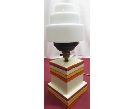 Waite &amp; Son Ltd Mitcham, Surrey Art Deco period pottery table lamp of square form, hand painted decoration in Clarice Cli