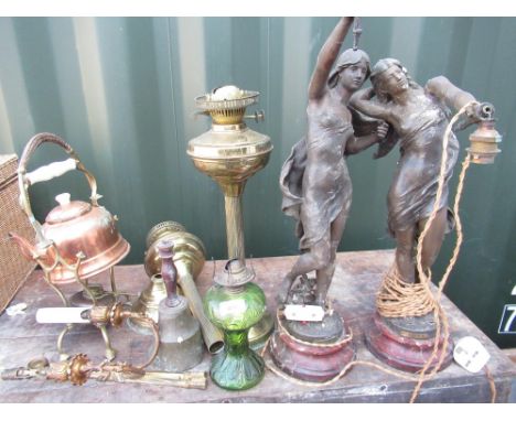 Jodie Kidd Collection - pair of early C20th French spelter figures (A/F on turned marble bases, spirit kettle, oil lamps, han