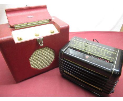 Roberts 55769 1950's mains - portable radio in red rexcine case and a mid 1940's Philips type209u-15 mains radio in black bak