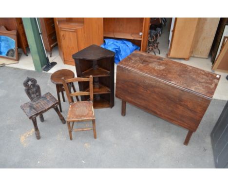 C19th mahogany drop leaf gate leg table, small carved 3 leg stool, child's bedroom chair, occasional table and corner unit (5