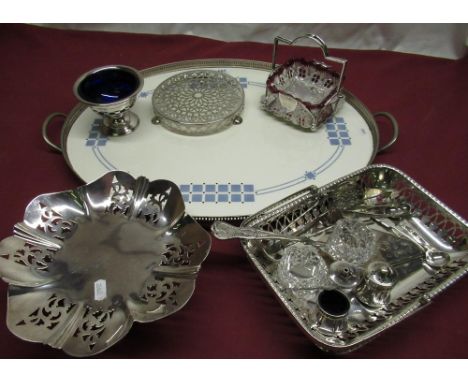 Late C19th early C20th gallery tray with inset ceramic center, Edwardian dessert dish on silver plated stand and a collection