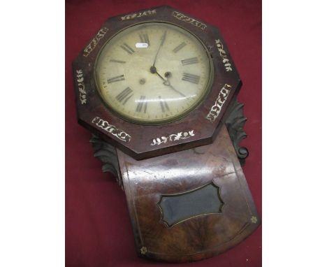 Late C19th American drop dial wall clock, octagonal case inlaid with mother of pearl inlay, case trunk inlaid with brass stri