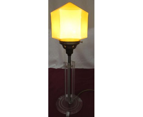 Art Deco style perspex table lamp, central plated column on circular base with umber glass hexagonal shade H49cm 