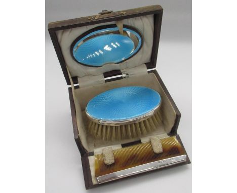 Geo V. hallmarked silver and blue enamel cased hairbrush and comb set by F G Rose, Birmingham, 1927 