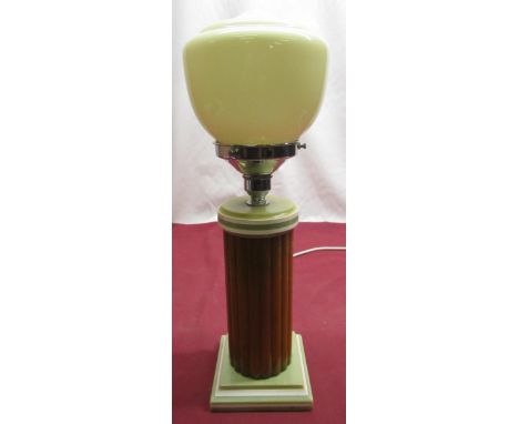1930's Bakelite table lamp, amber coloured fluted column on green and white stepped base with opaline glass shade and chrome 