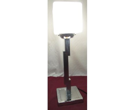 C20th Art Deco style chrome plated table lamp with lightening fork square section column on square stepped base with cube sha