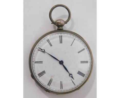 An antique white metal engraved pocket watch. Engraved Charles, Geneve, cylindre, Quatre rubis, No 7919. Engraved on the back