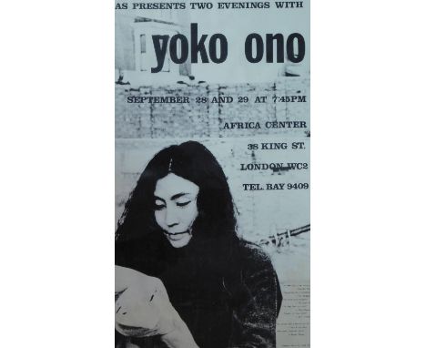 A vintage framed and glazed Dias Presents Two Evenings with Yoko Ono show poster at the Africa Centre, London. 58x44cm (has w