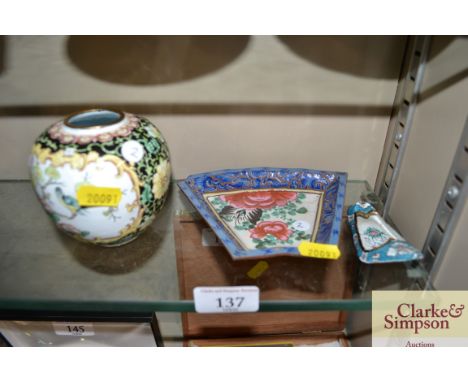 A Chinese enamel and painted vase; a Chinese enamel and Yixing segment dish; and a Persian enamel ash tray