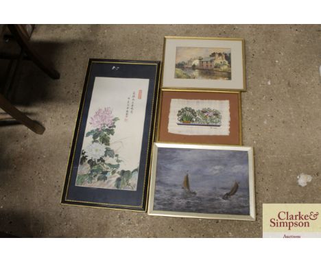 A box of framed prints and watercolours 