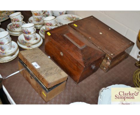 A 19th Century sarcophagus shaped tea caddy; a mother of pearl inlaid writing slope; and a marquetry inlaid caddy and content