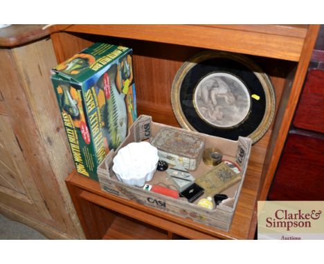 A box of sundries; a 19th Century print; and a boxed Big Mouth Billy Base, the singing sensation