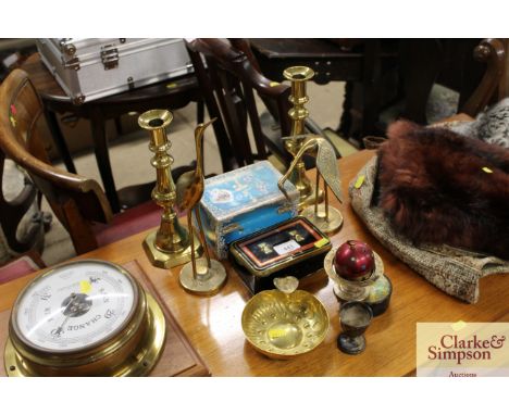 A pair of brass candlesticks; brass bird ornaments; table lighter; cash tin etc.