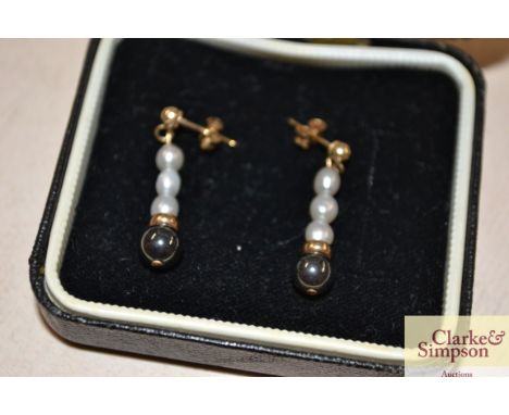 A pair of 9ct gold pearl and hematite drop ear-rings