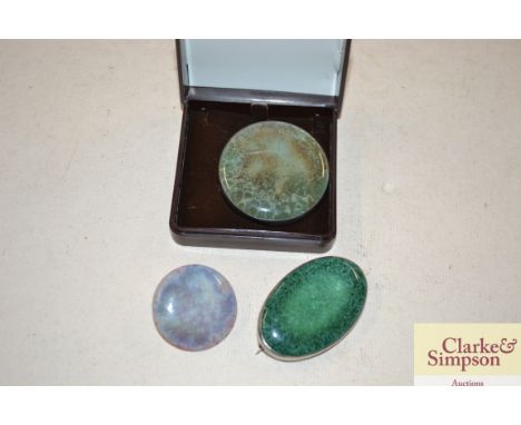 A Ruskin button, a Ruskin brooch and a Kensington artware brooch