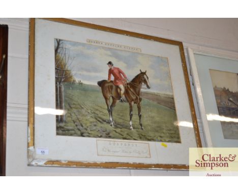 A framed and glazed hunting print "Suspense A Likely Corner"