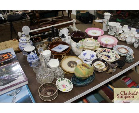 A quantity of various china and glassware to include Studio Pottery, wine coaster, decanter and stopper, 19th Century dessert