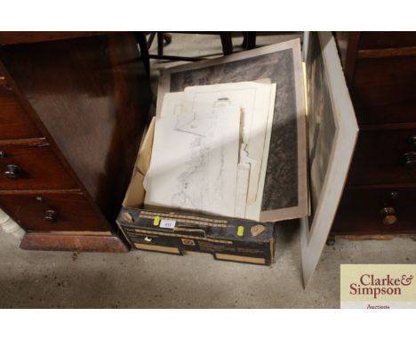 A box of maps, watercolours and prints 