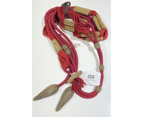 An Hussar Officer’s Barrel-Sash.A rare example, the front section with crimson strings and three groups of five worked gold b