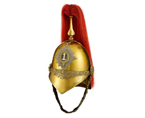 1st (or King’s) Dragoon Guards Trooper’s helmet.An example of the 1871 pattern helmet.  Brass skull decorated with brass laur