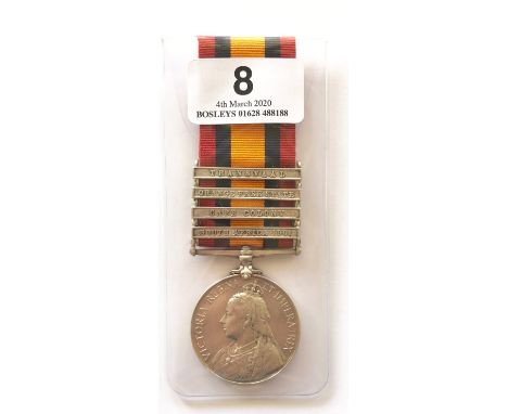 Boer War Somerset Light Infantry Queen’s South Africa Medal Four Clasps.Awarded to “6908 PTE S SYMES SOMERSET LT INFY.”, Bear