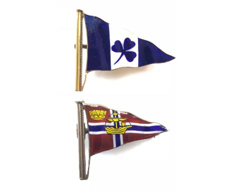 Two Yacht Club enamelled burgee brooches.Royal Leamington Yacht Club, pennant in silver and enamels (reverse stamped “SILVER”