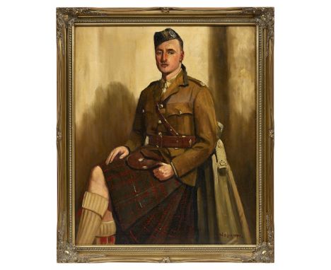 Portrait of a post 1953 Major (possibly Liverpool Scottish) by Will Longstaff.Oil on canvas study of this seated Officer. He 