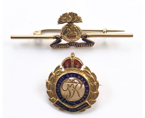 Lancashire Fusiliers and Royal Engineers regimental brooches..Good yellow metal Lancashire Fusiliers device of cap badge desi
