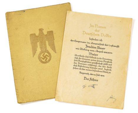 German Third Reich Luftwaffe promotion document.A good large cream card example, the front with gold embossed eagle and swasi