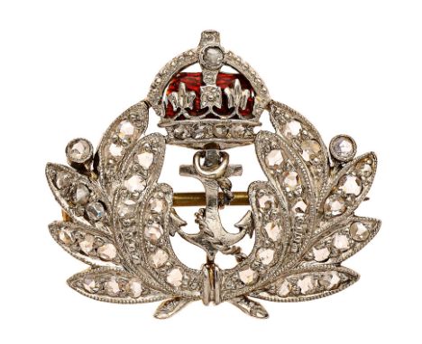 Royal Navy diamond set brooch.White metal crowned laurel sprays, inlaid with small diamonds, central fouled anchor; the crown