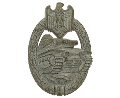 German Third Reich WW2 Army / Waffen SS Tank/Panzer Assault Badge.A good die-cast silvered zinc example. Approaching Panzer w