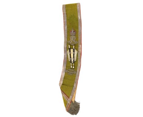 “Second Bn Dorsetshire Regiment” Edwardian Drum Major’s sash.The sash of green backing cloth, edged with bullion lace of regi