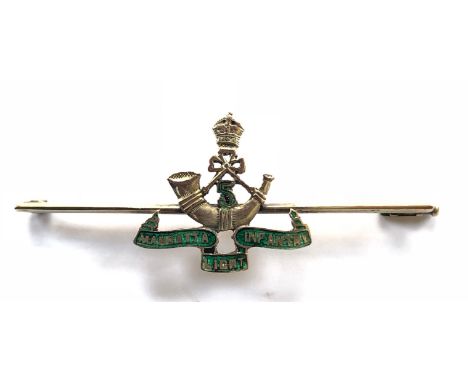 Indian Army. 5th Mahratta Light Infantry regimental bar brooch or tiepin.Indian made yellow metal crowned strung bugle, ‘5’ b