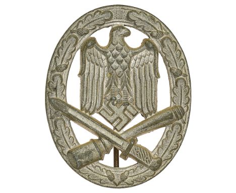 German Third Reich WW2 Army / Waffen SS General Assault Badge.A good die-cast zinc example with vertical needle pin. Rifle an