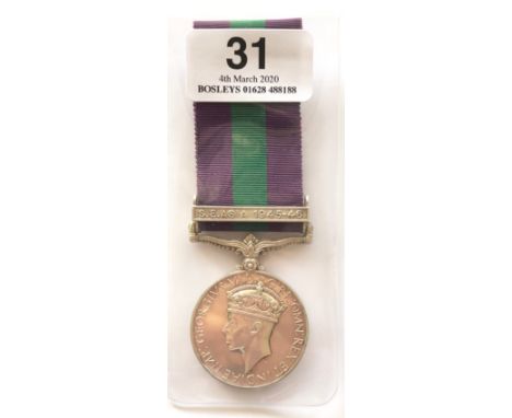 Royal Lincolnshire Regiment General Service Medal Clasp “S.E. Asia 1945-46”.Awarded to “14885205 PTE J RIPPIN R. LINCOLNS” Of